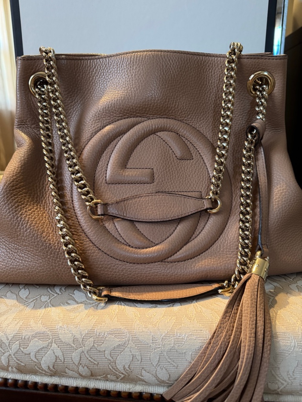 Gucci Brown Pebbled Leather Shoulder Bag with Tassel